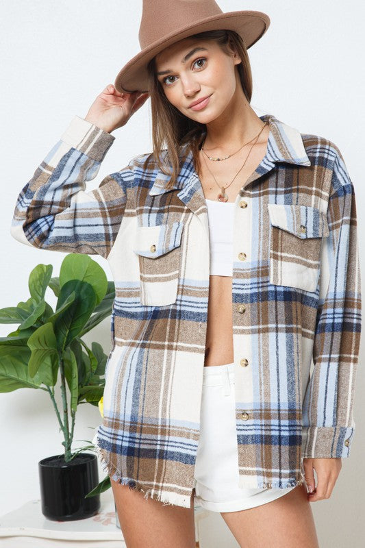 BLUE B Yarn Dyed Plaid Pattern Button Up Long Sleeves Shacket