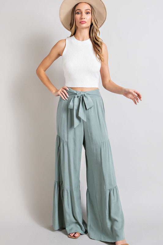 ee:some High Waist Tie Detail Tiered Design Flared Pants