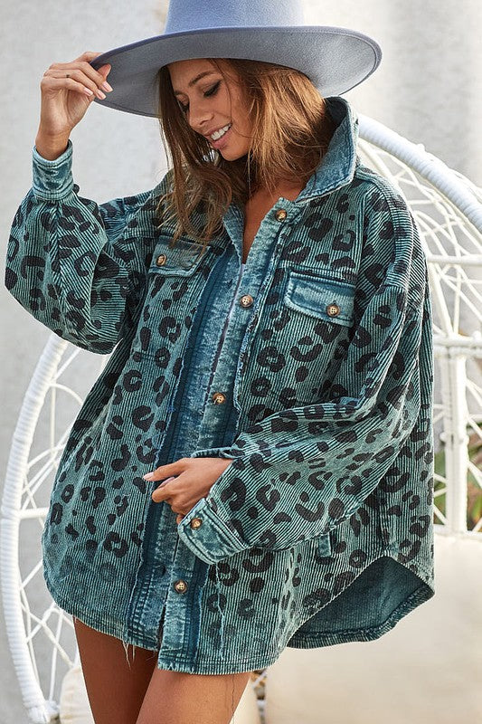 BiBi Oversized Vintage Washed Leopard Print Corduroy Buttoned Jacket