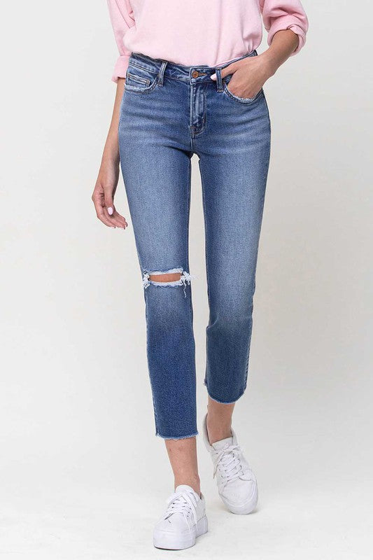 VERVET Teaming Up Mid Rise Distressed Knee Raw Hem Cropped Straight Jeans