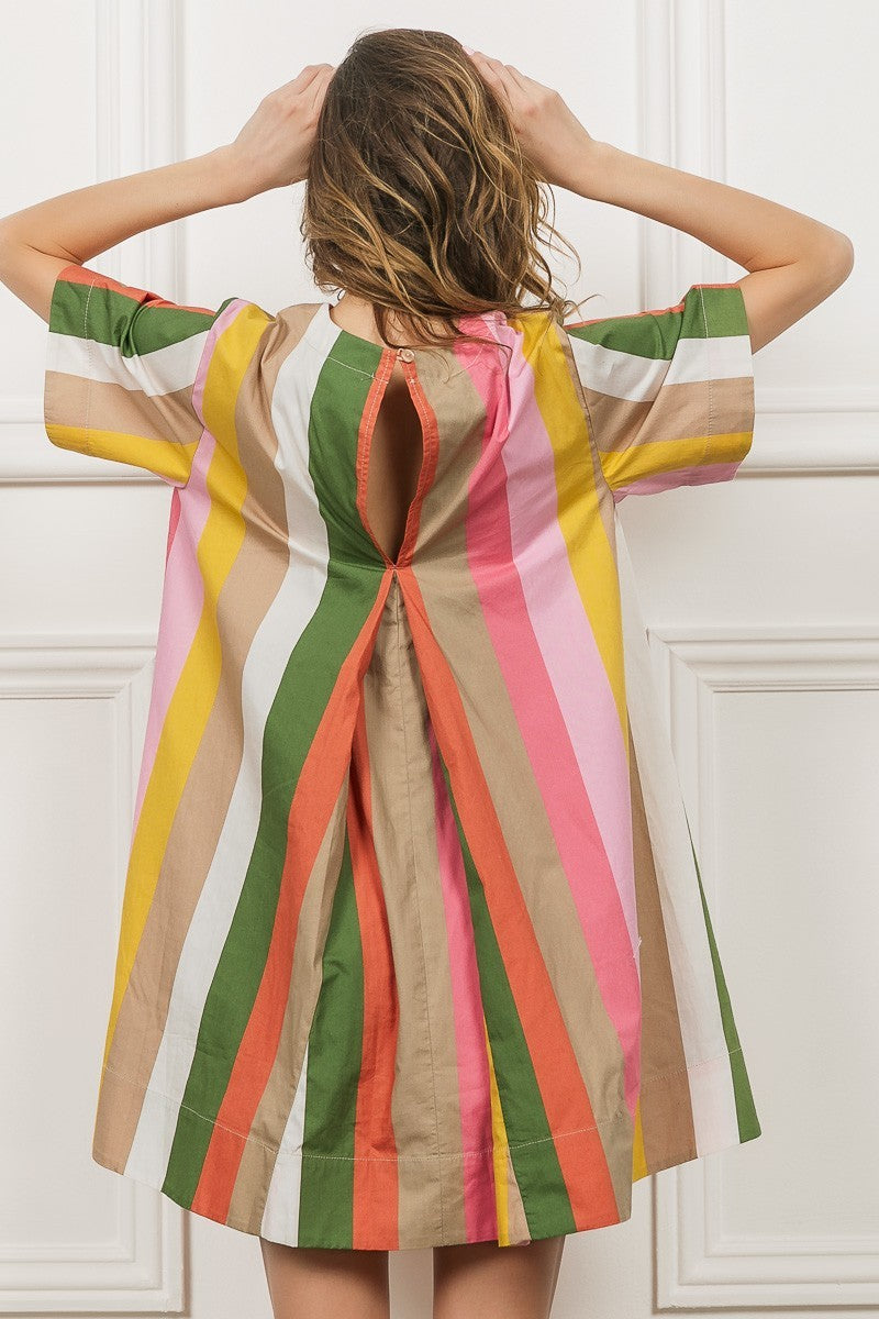 BiBi Multi Stripe Woven Side Pockets Back Key Hole Flared Mini Dress | Mustard