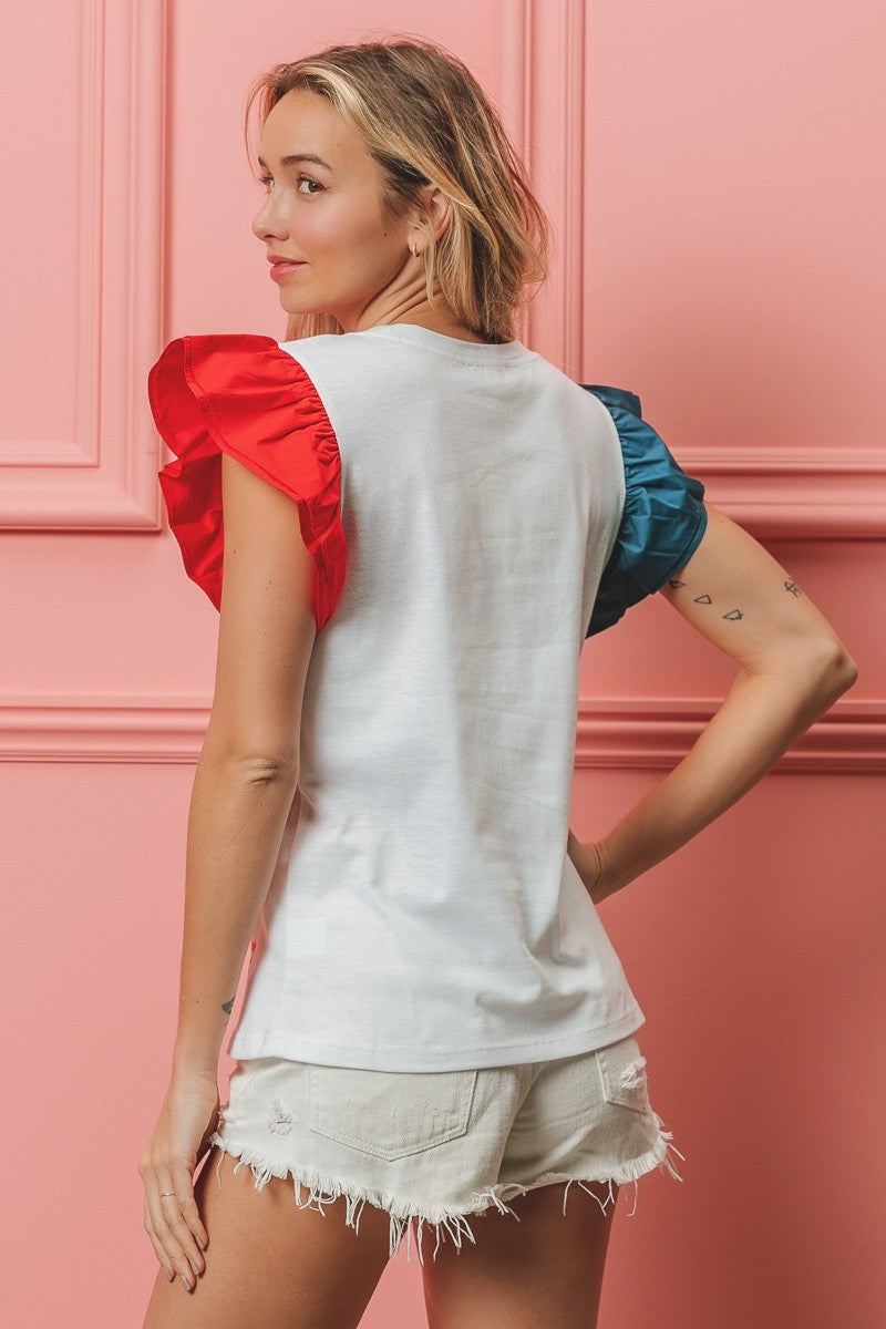 BiBi 4th Of July American Flag Theme Sequin Stars Embroideries Top | Off White