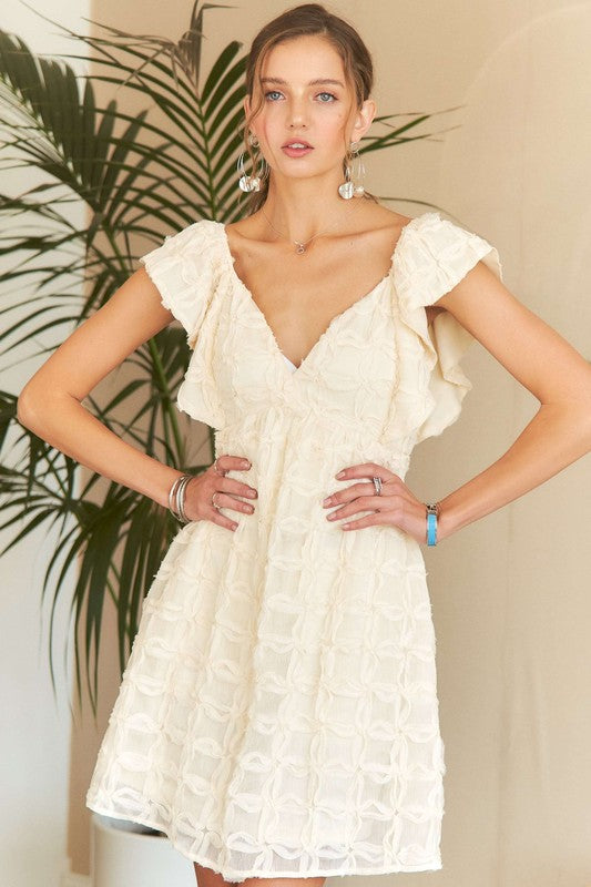 ADORA Open Tie Back Deep V-Neck Cap Ruffle Sleeves Babydoll Mini Dress | Ivory