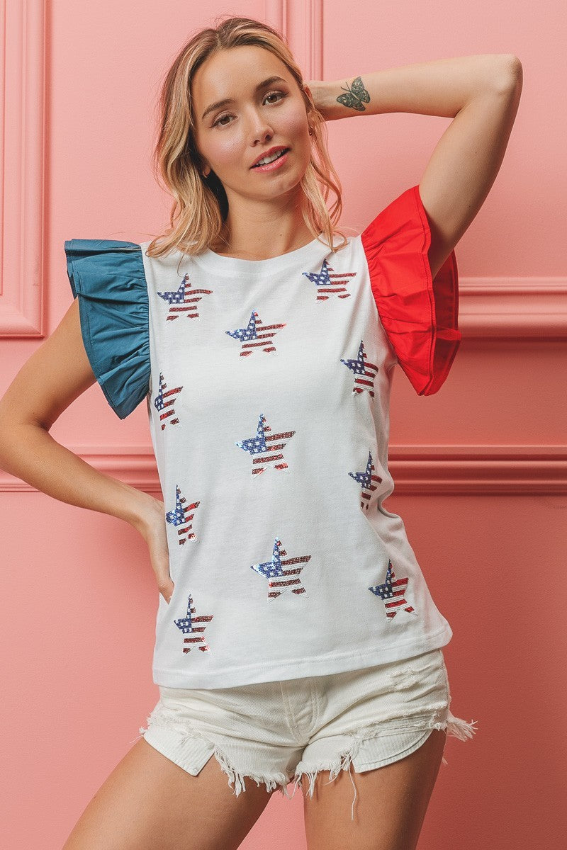 BiBi 4th Of July American Flag Theme Sequin Stars Embroideries Top | Off White