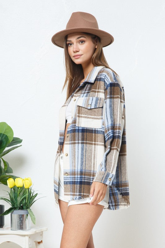 BLUE B Yarn Dyed Plaid Pattern Button Up Long Sleeves Shacket