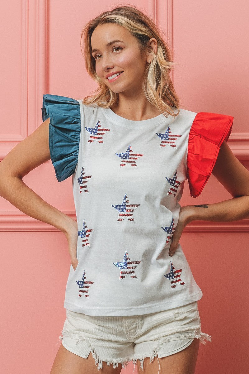BiBi 4th Of July American Flag Theme Sequin Stars Embroideries Top | Off White