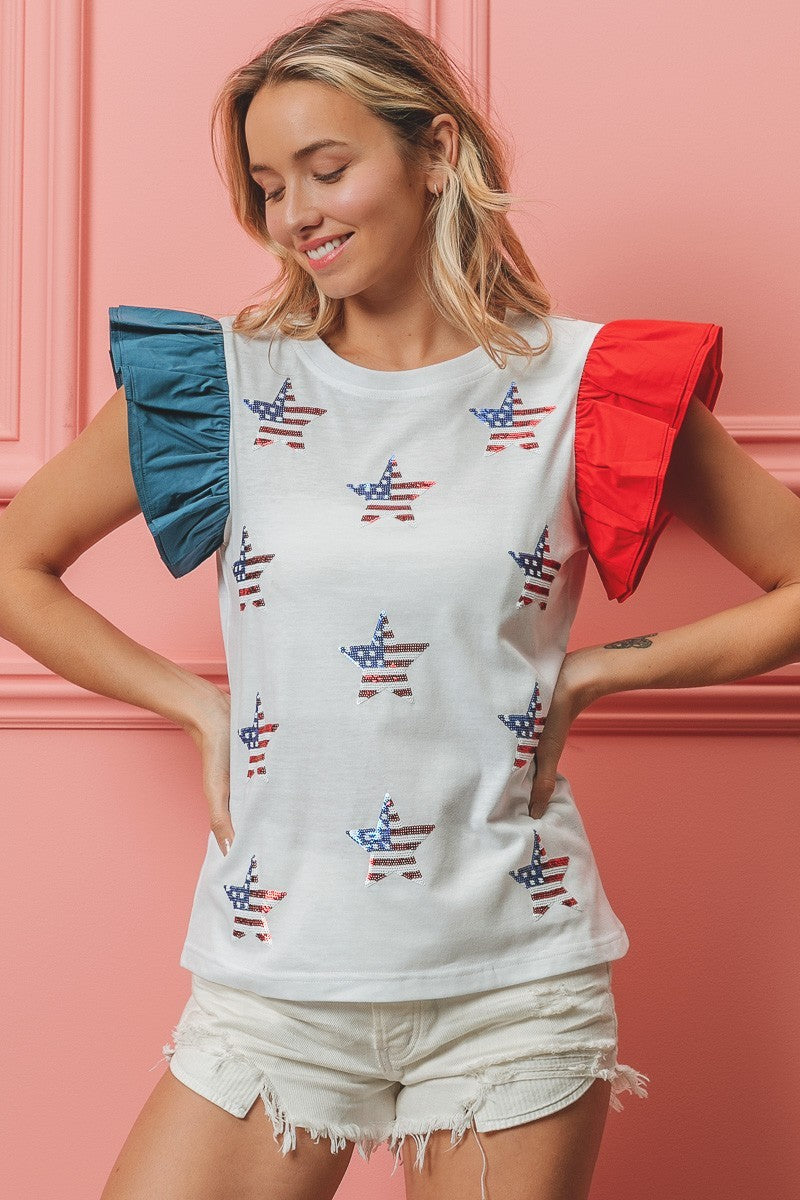 BiBi 4th Of July American Flag Theme Sequin Stars Embroideries Top | Off White