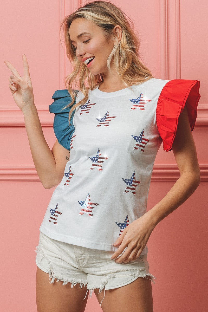 BiBi 4th Of July American Flag Theme Sequin Stars Embroideries Top | Off White