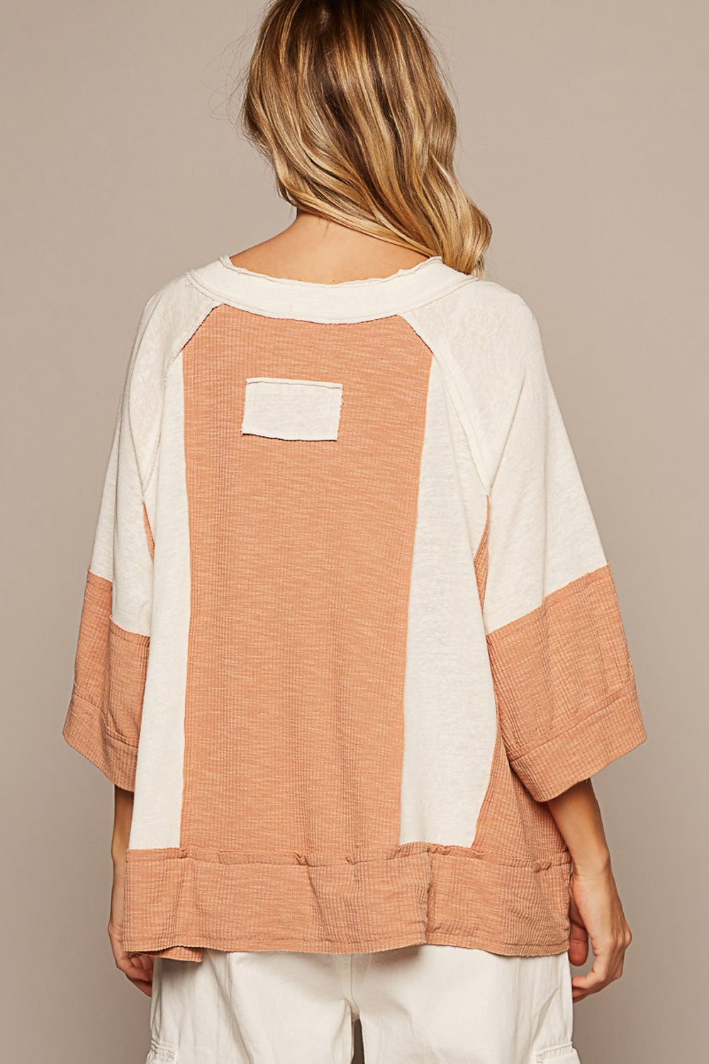 POL Notched Neck Frayed Edge Contrast Oversize Short Sleeves Top