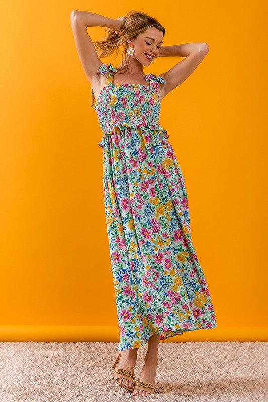 BiBi Floral Print Ruffle Trim Smocked Wide Tie Strap Cami Dress