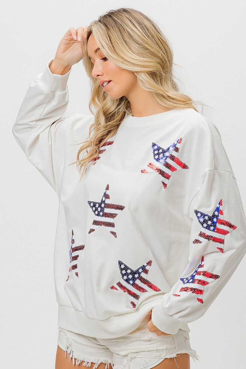 BiBi 4th Of July American Flag Theme Sequin Star Patches French Terry Sweatshirt
