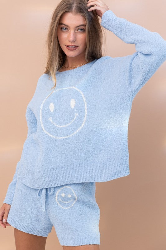 BLUE B Cozy Soft Long Sleeves Smile Print Top & Shorts Lounge Set