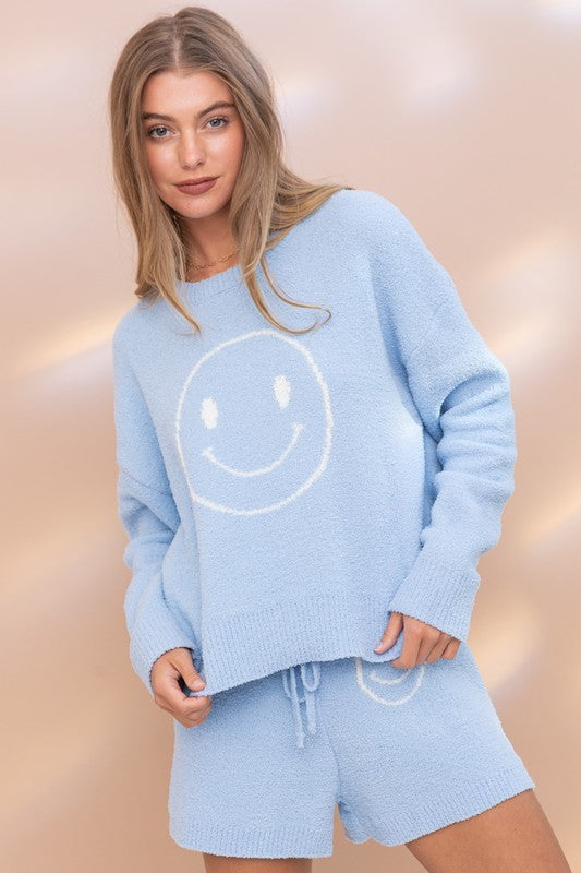 BLUE B Cozy Soft Long Sleeves Smile Print Top & Shorts Lounge Set