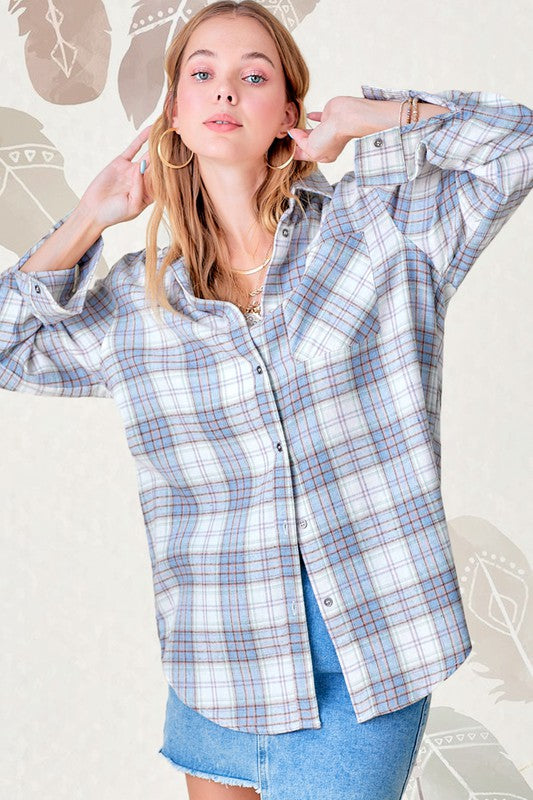La Miel Dreamy Plaid Print Button Down Flannel Shirt with Chest Pocket