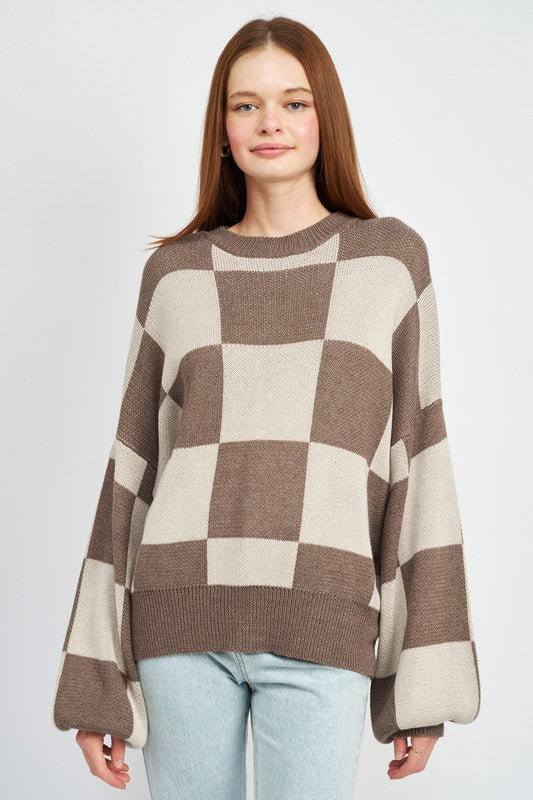Emory Park Checkered Round Neck Bubble Sleeves Sweater