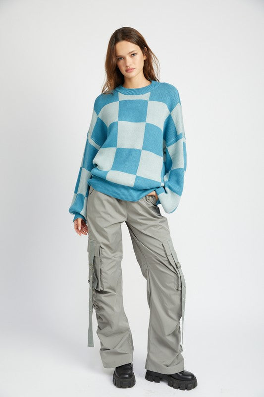 Emory Park Checkered Round Neck Bubble Sleeves Sweater