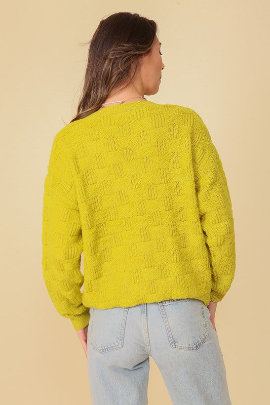 Lumiere Loose Fit Basket Weave Pattern Long Sleeves Sweater
