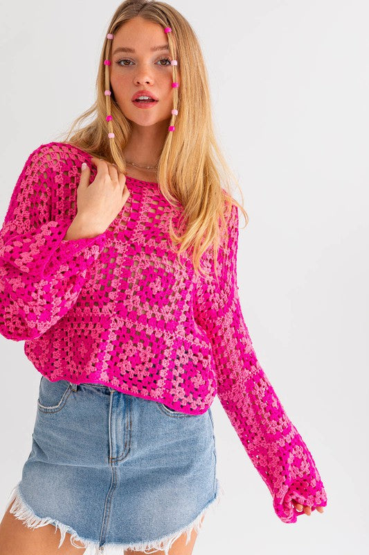 LE LIS Round Neck Crochet Detail Long Sleeves Cropped Top