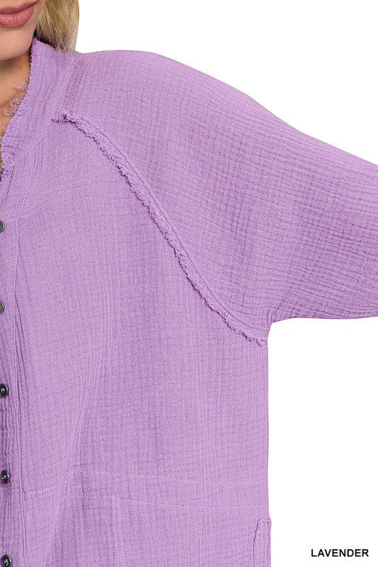ZENANA Raglan Long Sleeves Button Down Raw Edge Shirt with Pockets