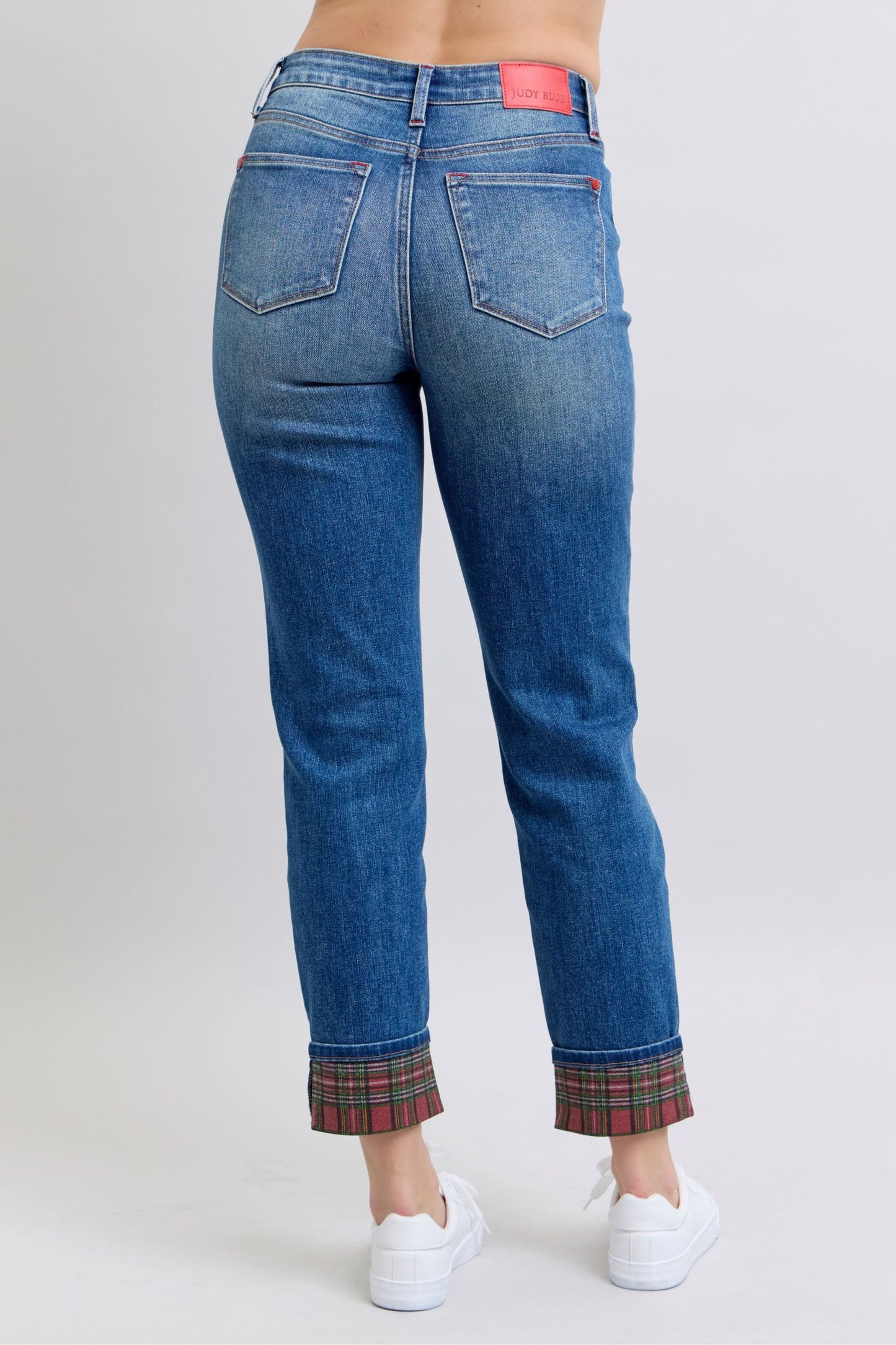 Judy Blue High Waist Plaid Print Cuffed Medium Washed Straight Leg Denim Jeans