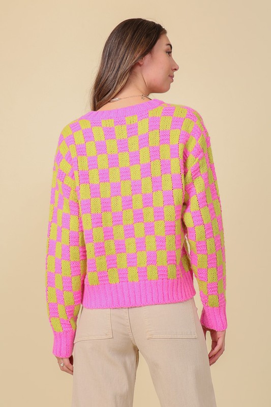 Lumiere Long Sleeves Checkboard Pattern Pullover Sweater