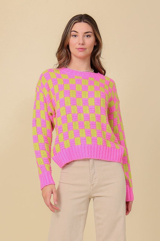 Lumiere Long Sleeves Checkboard Pattern Pullover Sweater