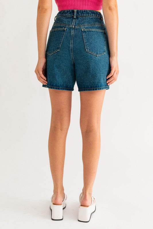LE LIS High Rise Zipper Fly Pockets Mid Length Denim Shorts