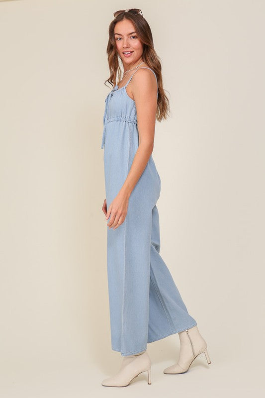Lumiere Denim Blue Sleeveless Square Neck Jumpsuit with Self Jump Tie