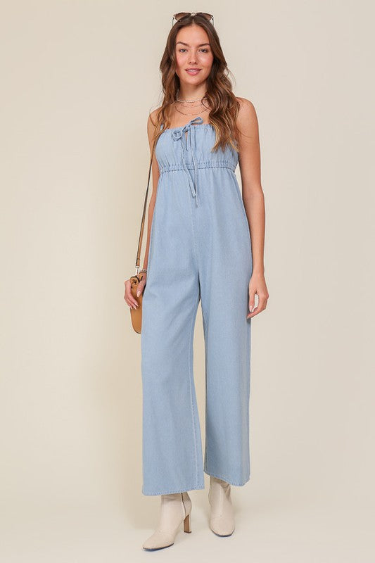 Lumiere Denim Blue Sleeveless Square Neck Jumpsuit with Self Jump Tie