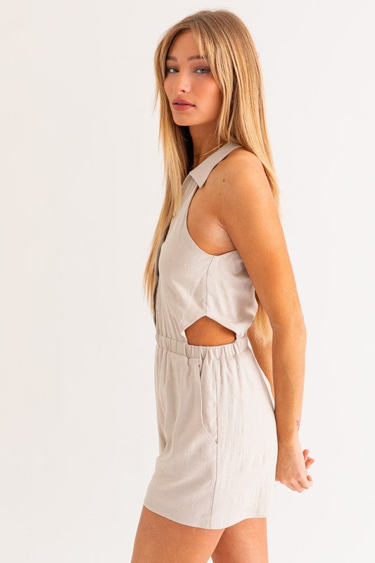 LE LIS Collared Neck Buttoned Elastic Waist Sleeveless Romper