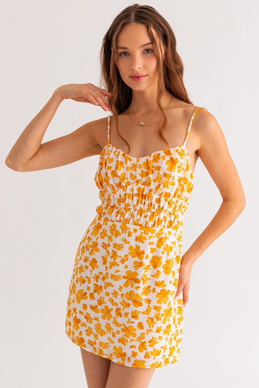 LE LIS Flower Pattern V-Neck Ruched Adjustable Straps Mini Dress