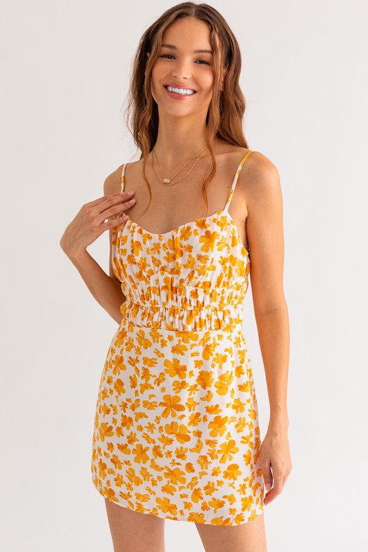 LE LIS Flower Pattern V-Neck Ruched Adjustable Straps Mini Dress