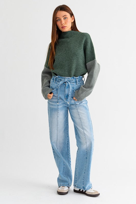 LE LIS Color Block Long Sleeves Oversized Cropped Sweater