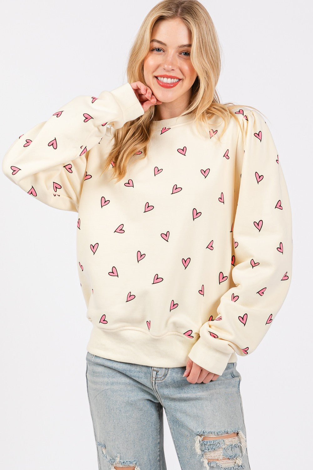 SAGE + FIG Heart Printed Contrast Long Sleeves Relaxed Fit Sweatshirt | Cream