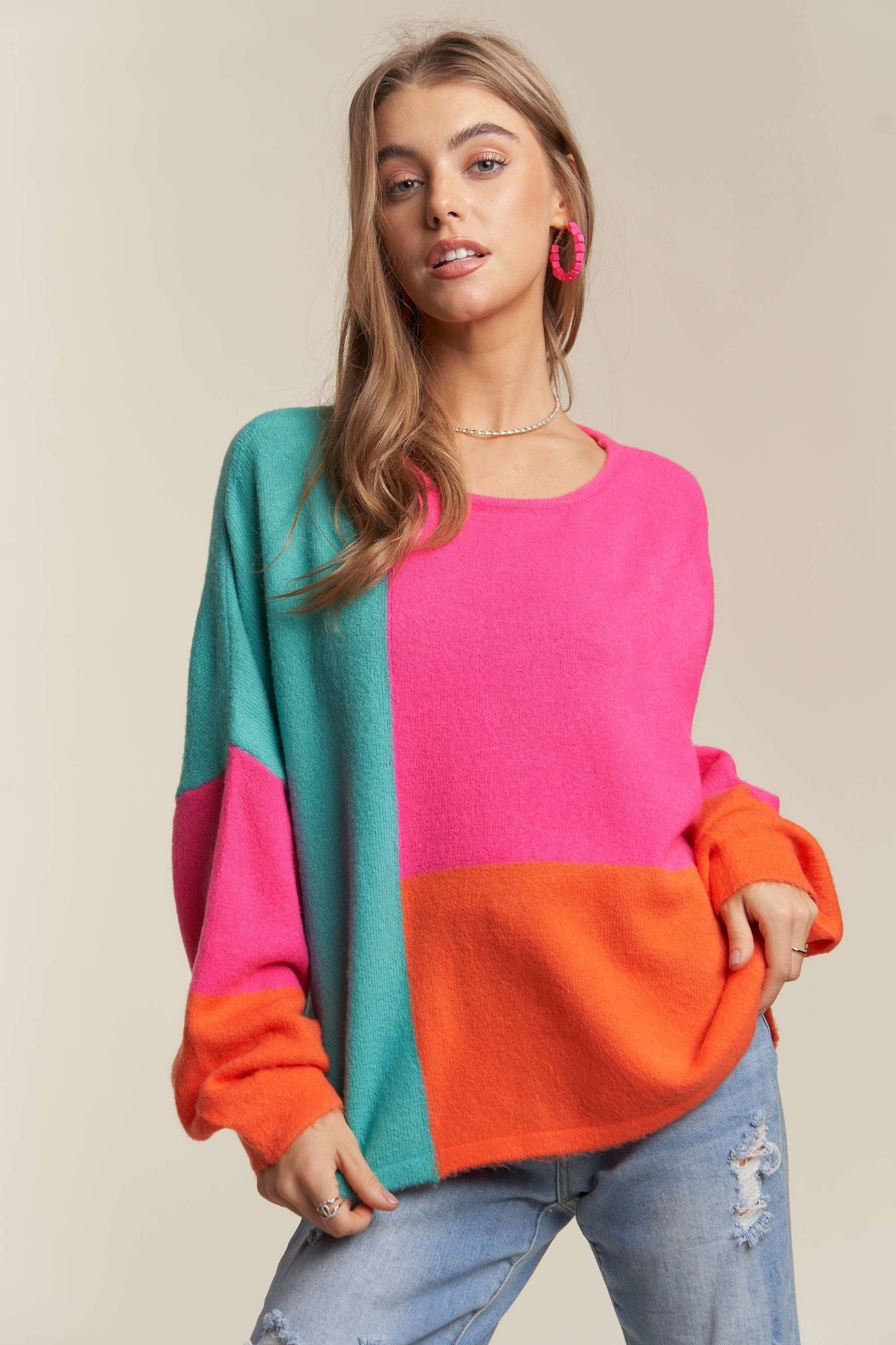 ADORA Color Block Long Sleeves Round Neck Oversized Pullover Sweater | Hot Pink