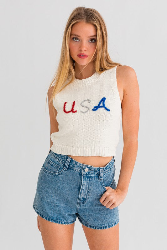 LE LIS USA Lettering Round Neck Loose Fit Cropped Knit Tank Top
