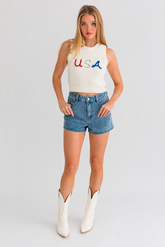 LE LIS USA Lettering Round Neck Loose Fit Cropped Knit Tank Top