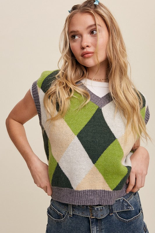 LISTICLE Argyle Multicolor V-Neck Oversized Cropped Sweater