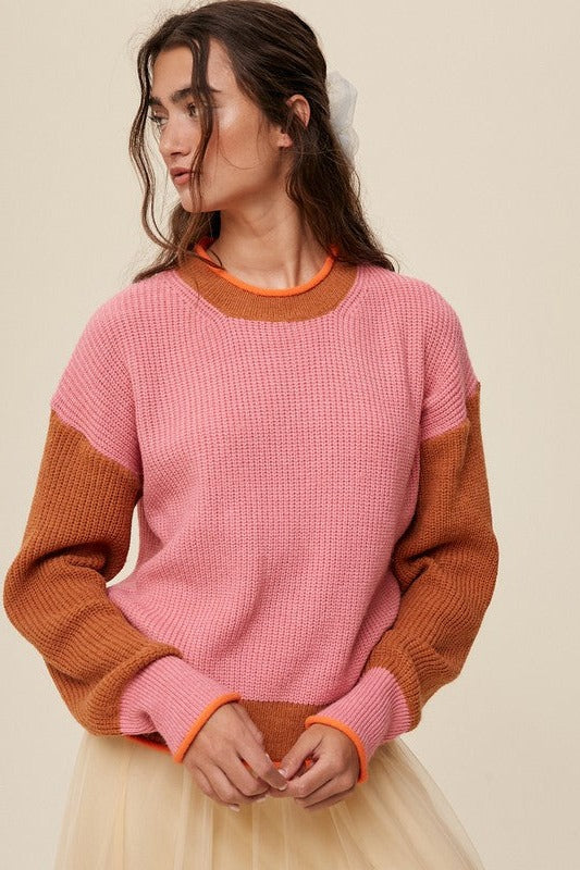 Listicle Long Sleeves Color Block Ribbed Knit Pullover Sweater