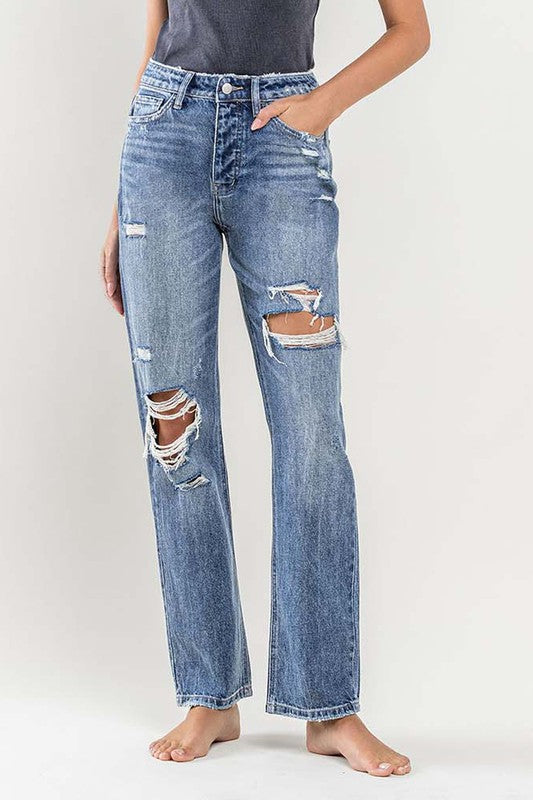 Flying Monkey Mase 90's Vintage High Rise Distressed Zip Fly Slim Straight Jeans