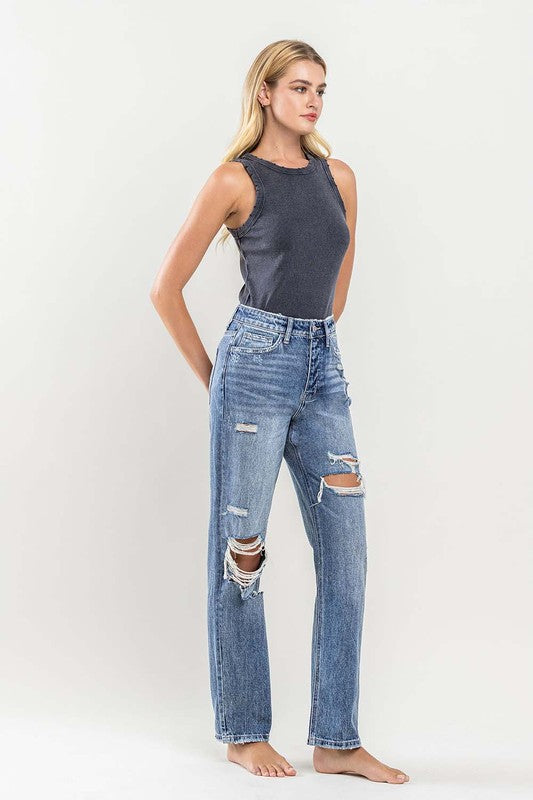 Flying Monkey Mase 90's Vintage High Rise Distressed Zip Fly Slim Straight Jeans