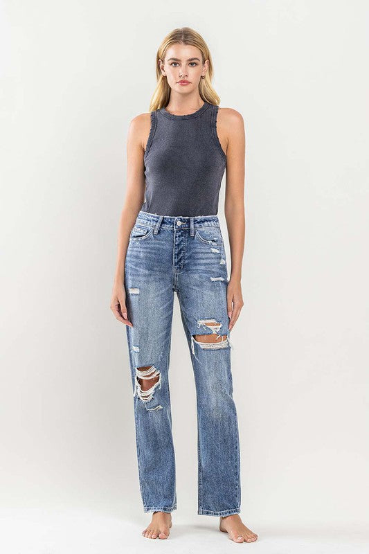 Flying Monkey Mase 90's Vintage High Rise Distressed Zip Fly Slim Straight Jeans