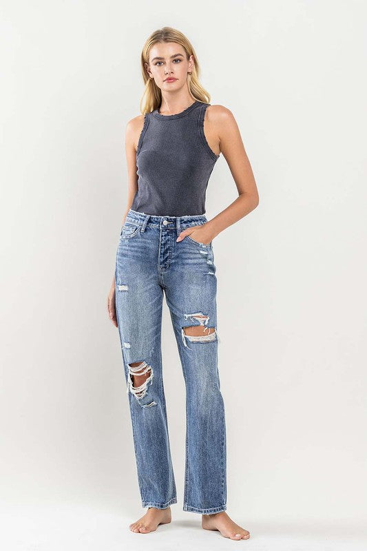 Flying Monkey Mase 90's Vintage High Rise Distressed Zip Fly Slim Straight Jeans