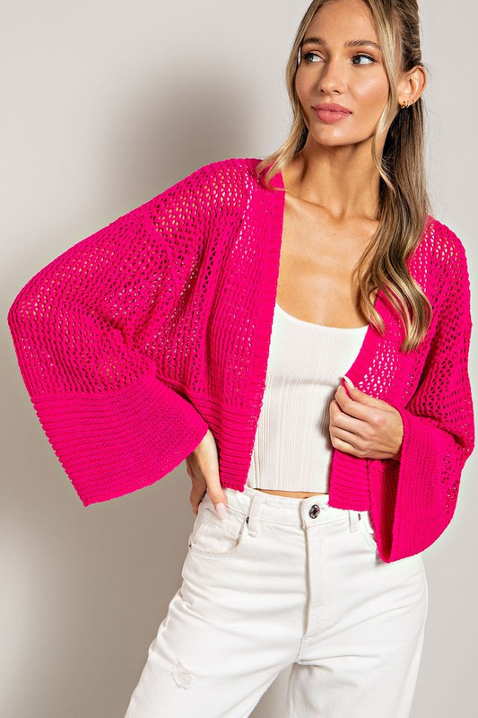 ee:some Eyelet Knit Long Sleeves Open Front Cropped Cardigan