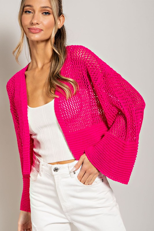 ee:some Eyelet Knit Long Sleeves Open Front Cropped Cardigan
