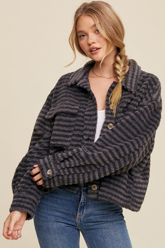 LISTICLE Striped Pattern Long Sleeves Patch Pockets Fleece Shacket