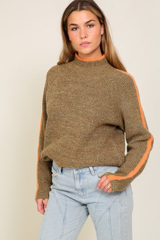 Lumiere Marled Brown Raglan Sleeves Funnel Neck Pullover Sweater