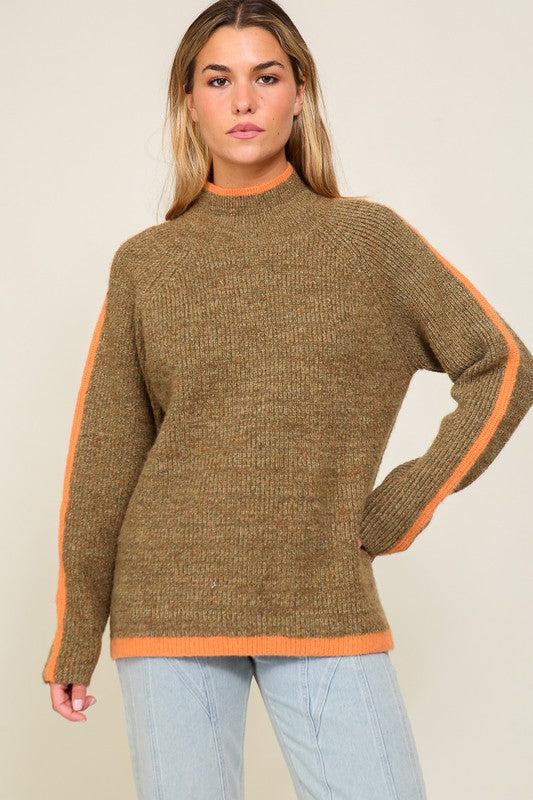 Lumiere Marled Brown Raglan Sleeves Funnel Neck Pullover Sweater