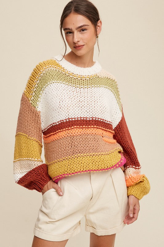 Listicle Long Sleeves Open Mixed Knit Slouchy Hand Crochet Sweater