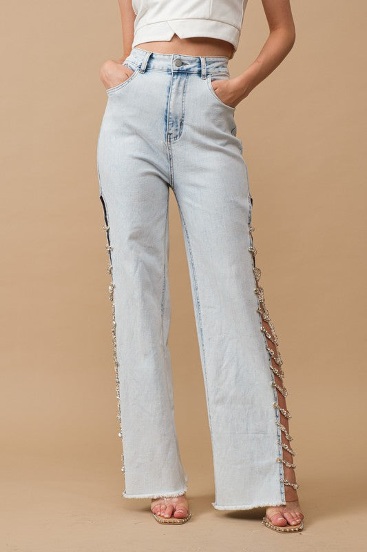 Blue B High Rise Cut Out at Side with Jewel Trim Stretch Wide Leg Denim Jeans